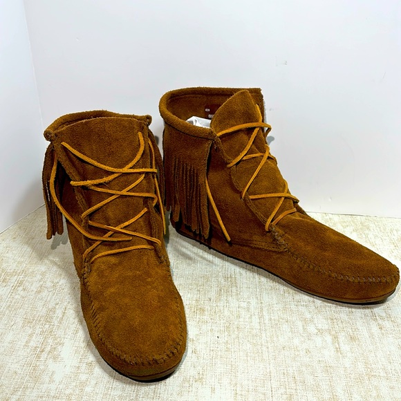 Minnetonka Women's 9 Moccasins Suede Fringe Lace Up Ankle Boots - Picture 2 of 11